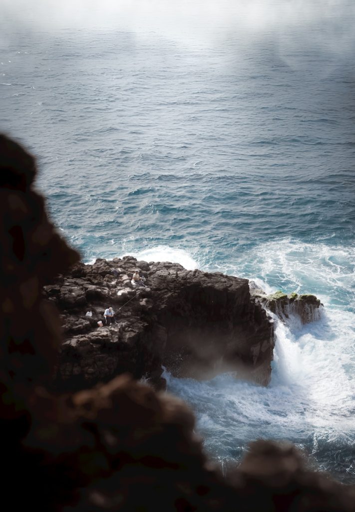 A large body of water near a rocky shore